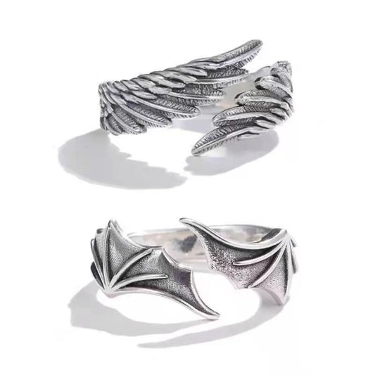 Noir Alloy Duality Ring – Angel Wing & Demon Eye Statement Piece