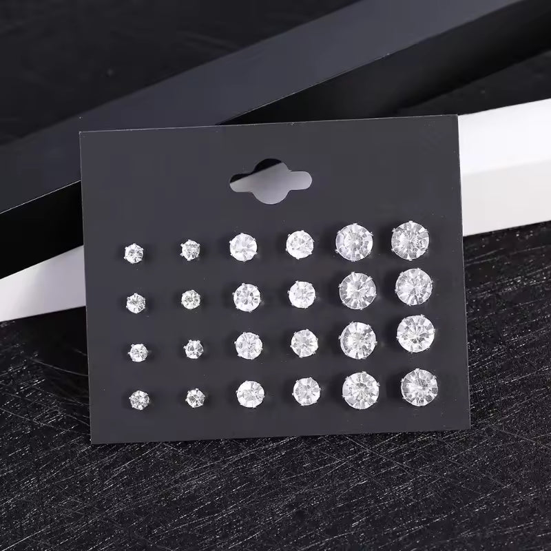 Noir Alloy Crystal Stud Earring Set – 12 Pairs