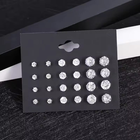 Noir Alloy Crystal Stud Earring Set – 12 Pairs
