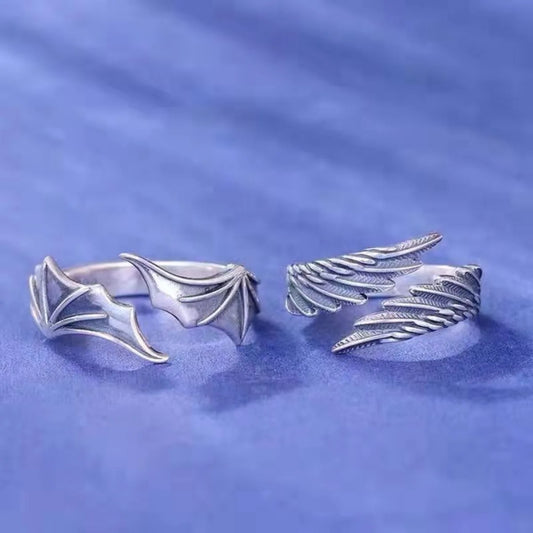 Noir Alloy Duality Ring – Angel Wing & Demon Eye Statement Piece